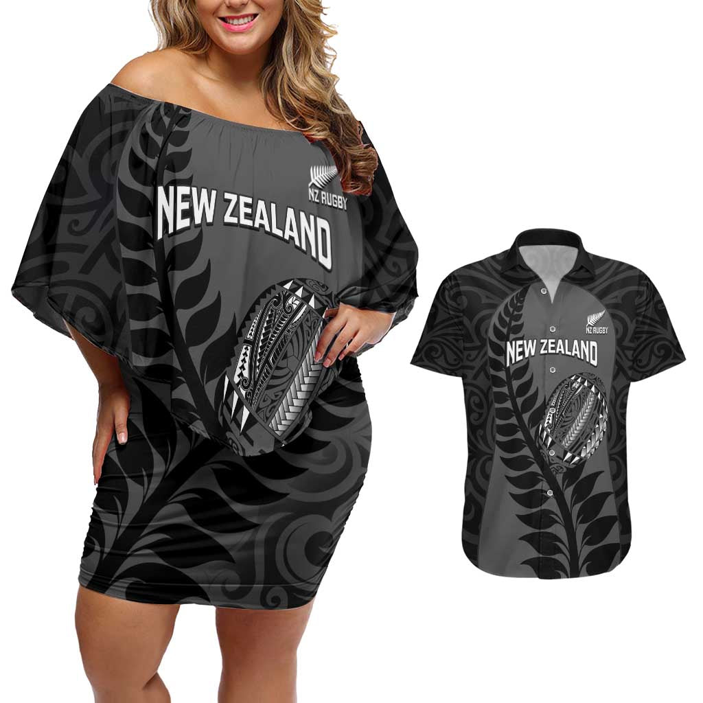 Custom New Zealand Silver Fern Rugby 2025 Couples Matching Off Shoulder Short Dress and Hawaiian Shirt Go Champions Aotearoa Maori Black LT14 Black - Polynesian Pride