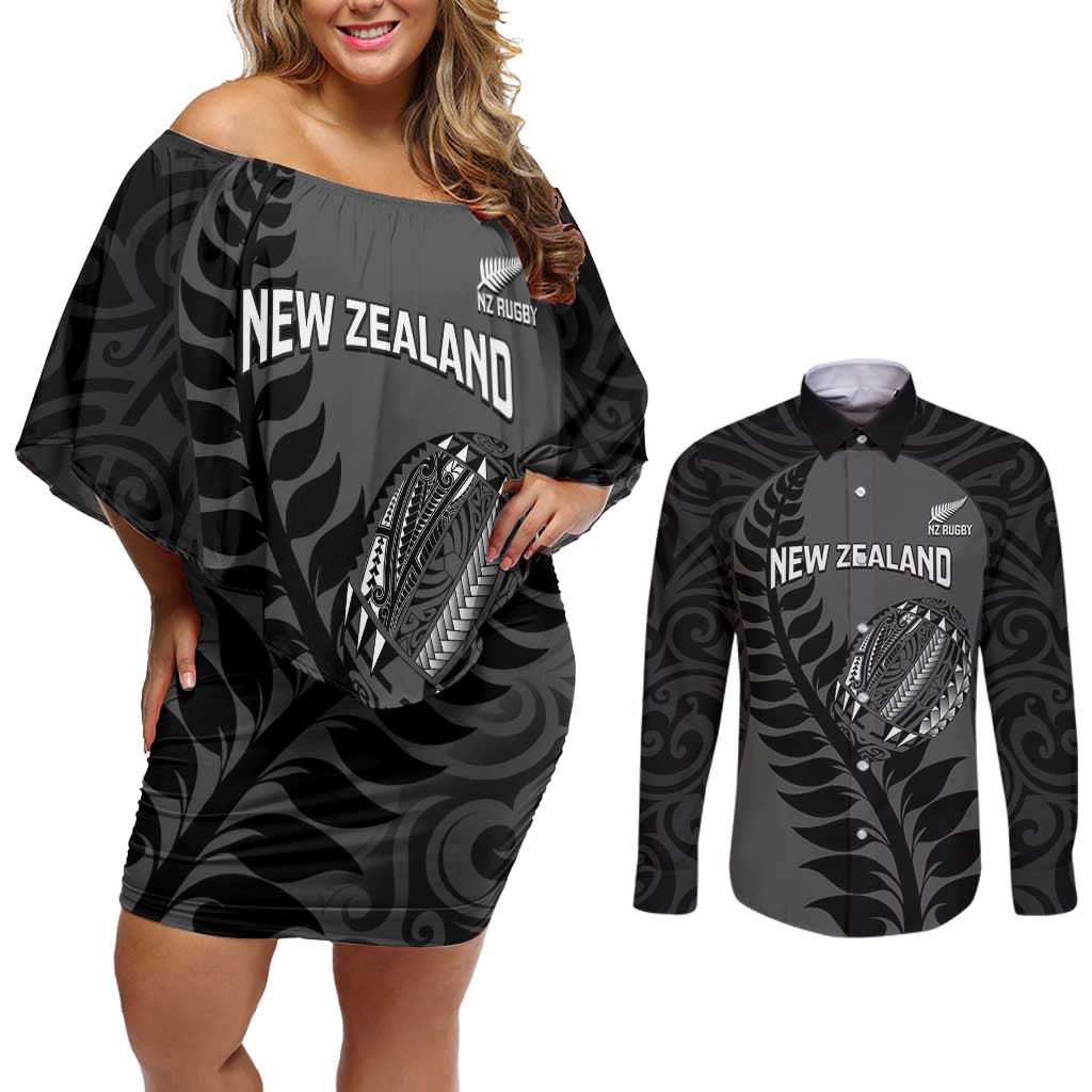 Custom New Zealand Silver Fern Rugby 2025 Couples Matching Off Shoulder Short Dress and Long Sleeve Button Shirt Go Champions Aotearoa Maori Black LT14 Black - Polynesian Pride