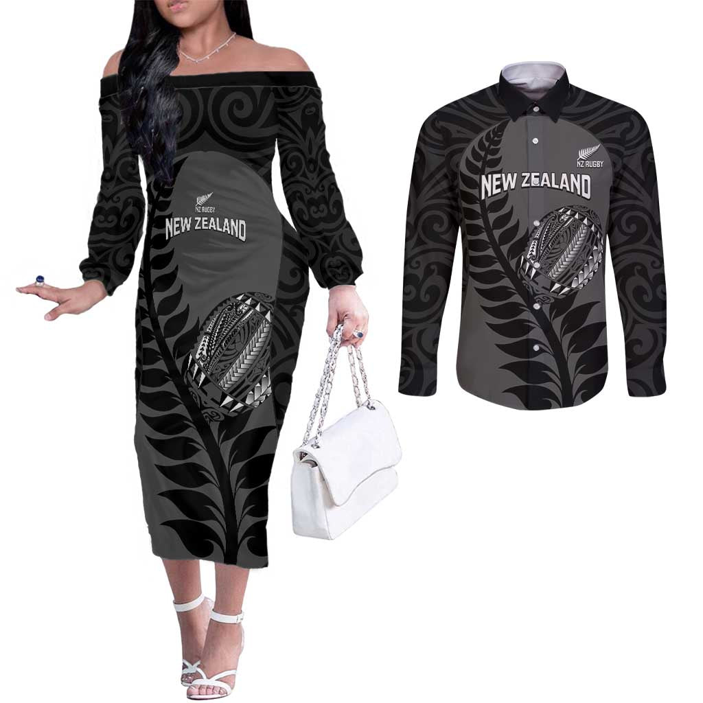 Custom New Zealand Silver Fern Rugby 2025 Couples Matching Off The Shoulder Long Sleeve Dress and Long Sleeve Button Shirt Go Champions Aotearoa Maori Black LT14 Black - Polynesian Pride