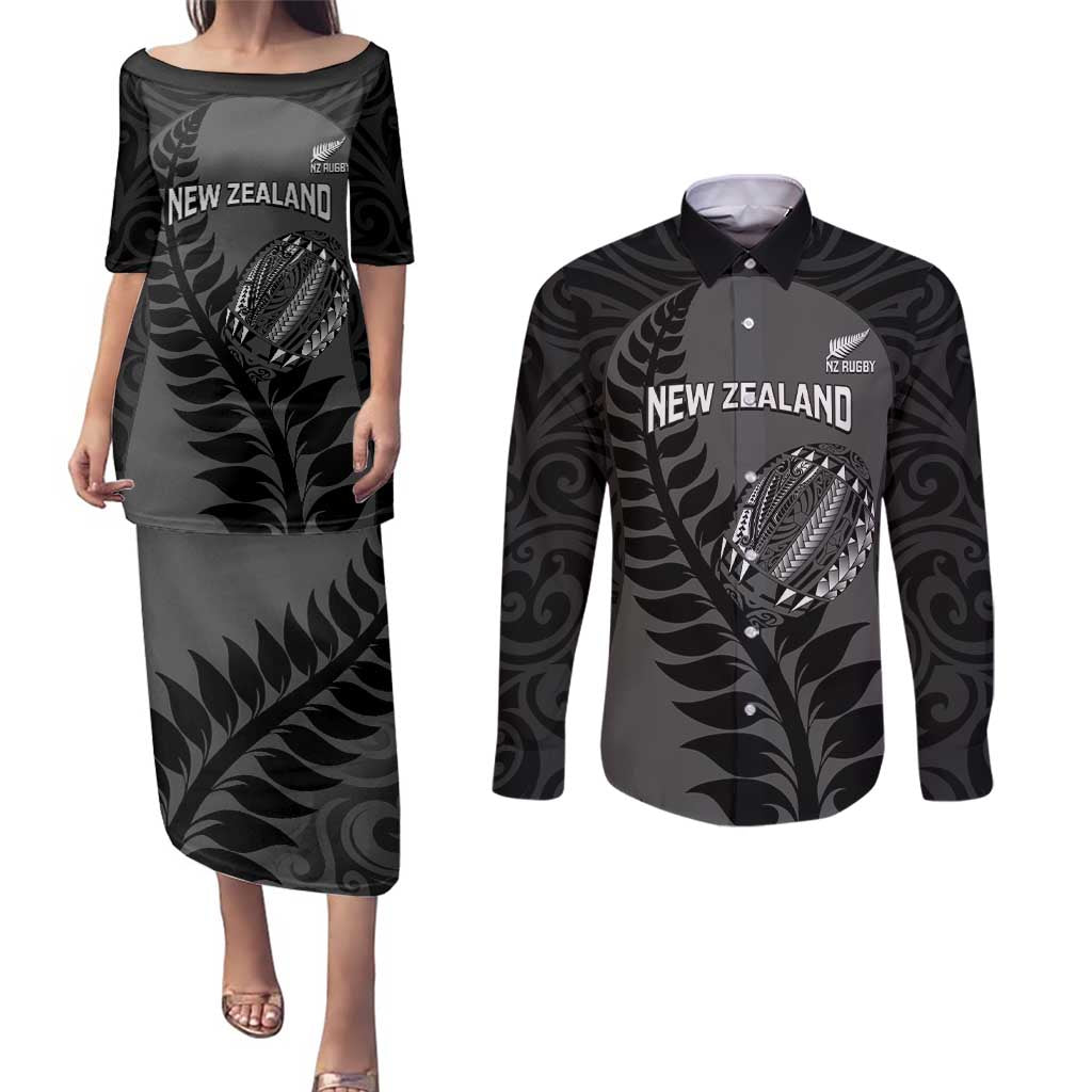 Custom New Zealand Silver Fern Rugby 2025 Couples Matching Puletasi and Long Sleeve Button Shirt Go Champions Aotearoa Maori Black LT14 Black - Polynesian Pride