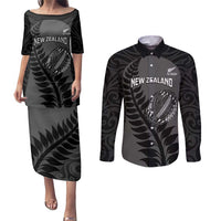 Custom New Zealand Silver Fern Rugby 2025 Couples Matching Puletasi and Long Sleeve Button Shirt Go Champions Aotearoa Maori Black LT14 Black - Polynesian Pride