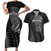 Custom New Zealand Silver Fern Rugby 2025 Couples Matching Short Sleeve Bodycon Dress and Hawaiian Shirt Go Champions Aotearoa Maori Black LT14 Black - Polynesian Pride