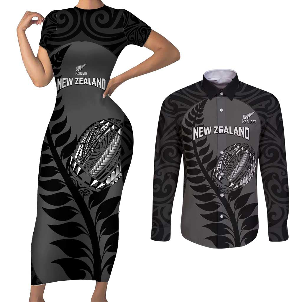 Custom New Zealand Silver Fern Rugby 2025 Couples Matching Short Sleeve Bodycon Dress and Long Sleeve Button Shirt Go Champions Aotearoa Maori Black LT14 Black - Polynesian Pride