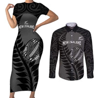 Custom New Zealand Silver Fern Rugby 2025 Couples Matching Short Sleeve Bodycon Dress and Long Sleeve Button Shirt Go Champions Aotearoa Maori Black LT14 Black - Polynesian Pride
