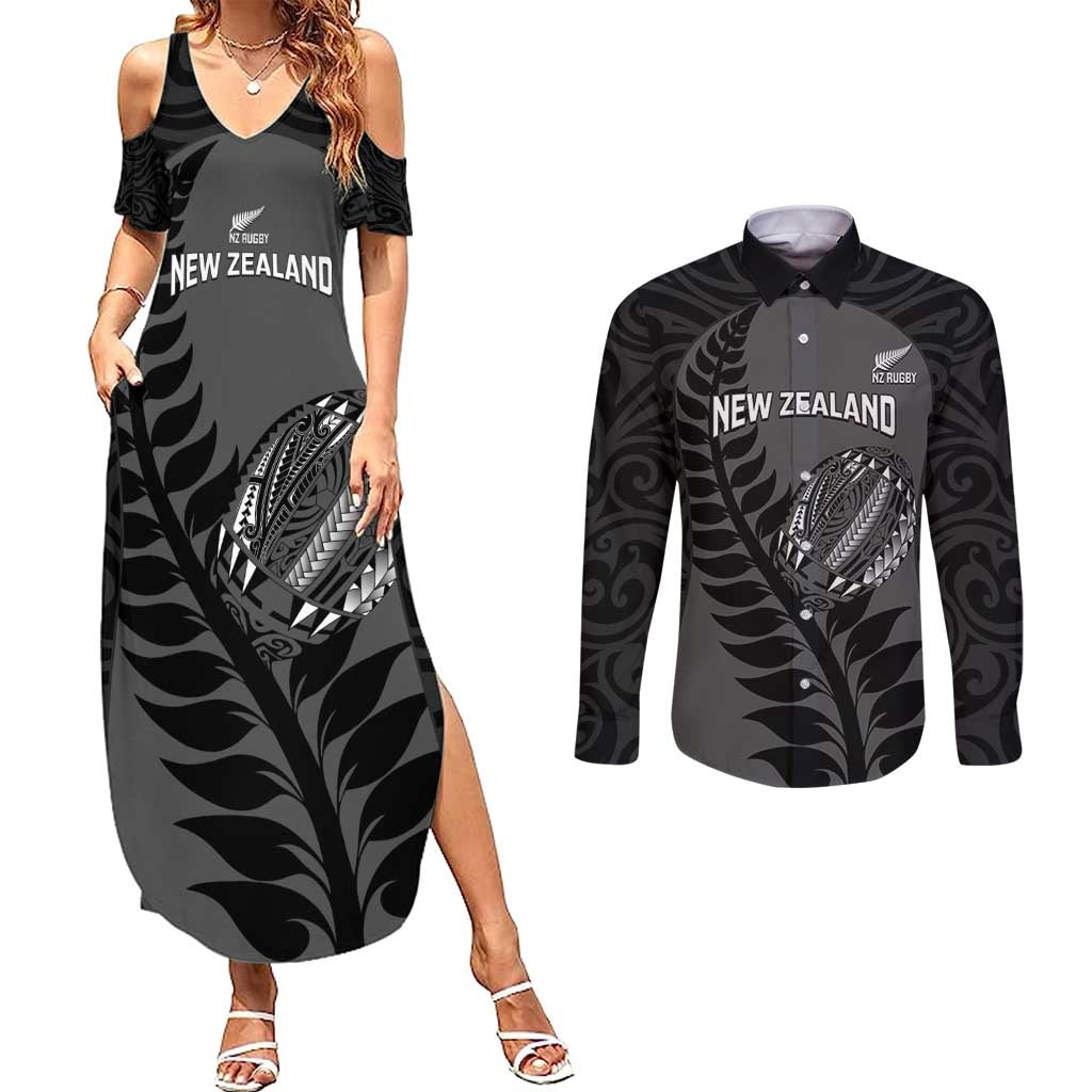 Custom New Zealand Silver Fern Rugby 2025 Couples Matching Summer Maxi Dress and Long Sleeve Button Shirt Go Champions Aotearoa Maori Black LT14 Black - Polynesian Pride