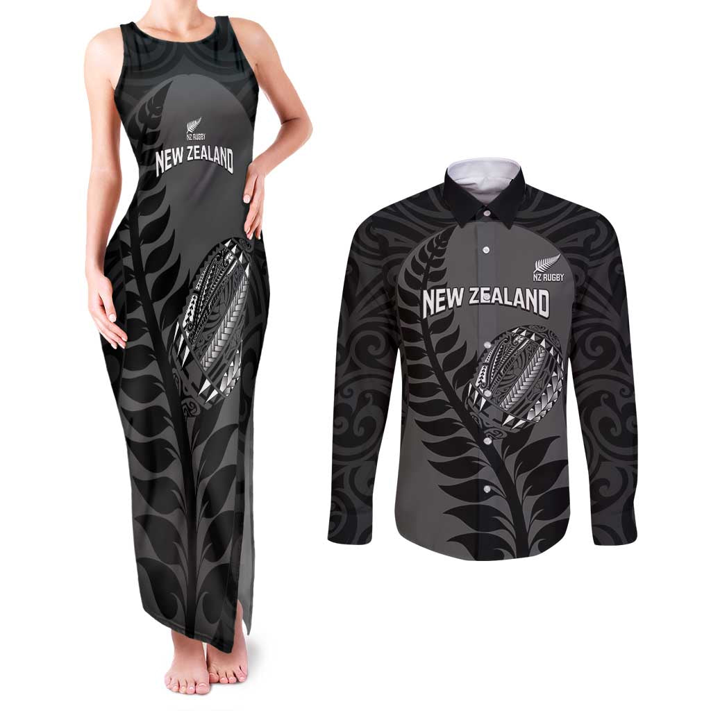 Custom New Zealand Silver Fern Rugby 2025 Couples Matching Tank Maxi Dress and Long Sleeve Button Shirt Go Champions Aotearoa Maori Black LT14 Black - Polynesian Pride