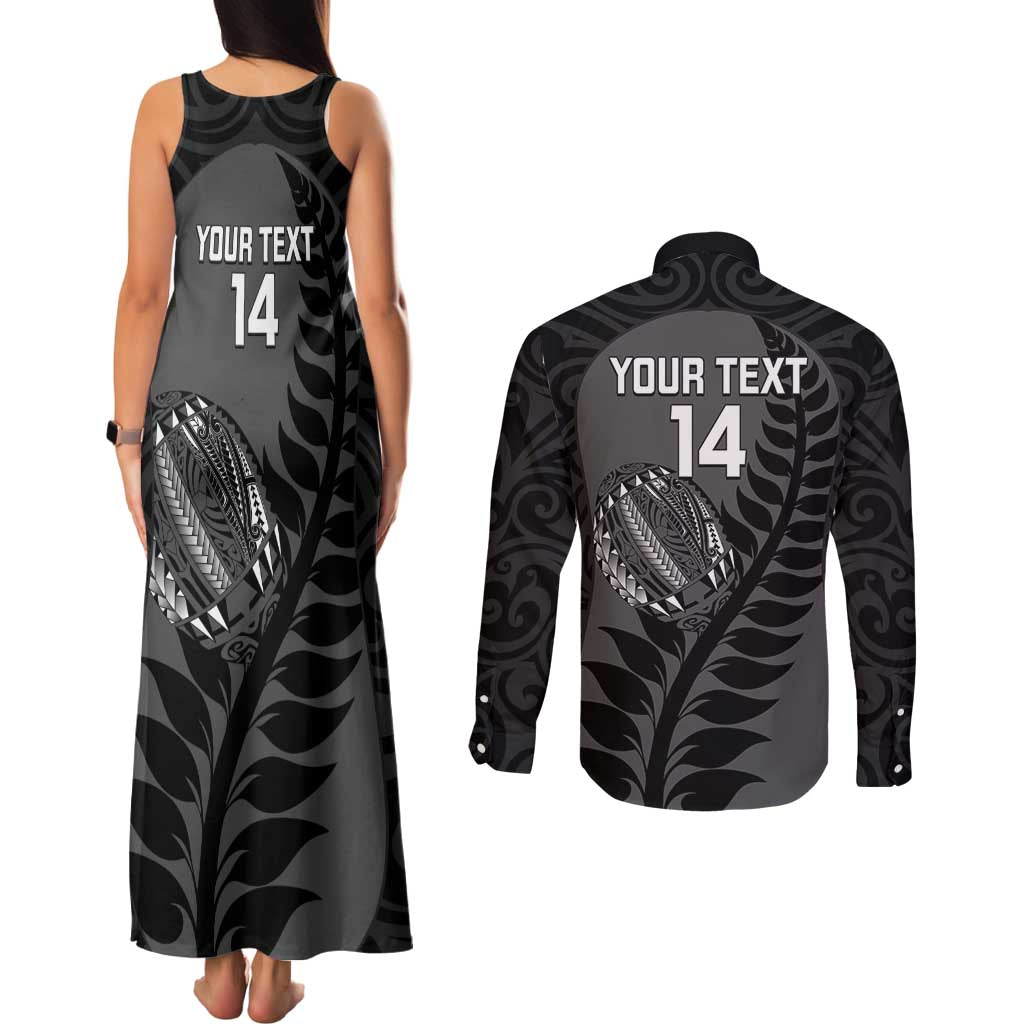 Custom New Zealand Silver Fern Rugby 2025 Couples Matching Tank Maxi Dress and Long Sleeve Button Shirt Go Champions Aotearoa Maori Black LT14 - Polynesian Pride