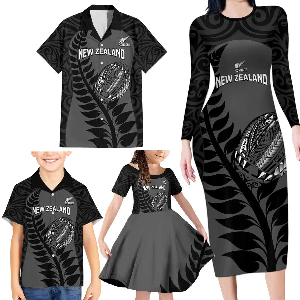 Custom New Zealand Silver Fern Rugby 2025 Family Matching Long Sleeve Bodycon Dress and Hawaiian Shirt Go Champions Aotearoa Maori Black LT14 - Polynesian Pride