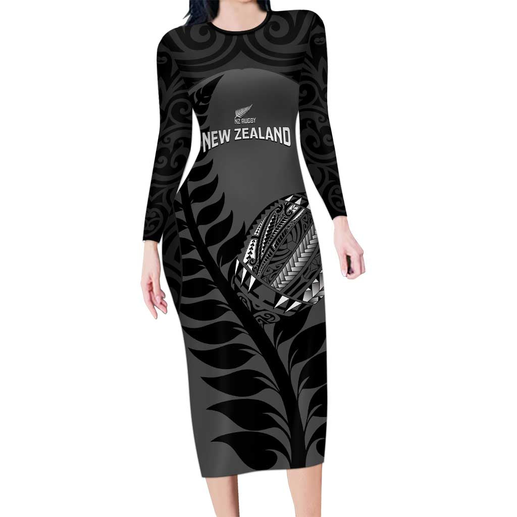 Custom New Zealand Silver Fern Rugby 2025 Family Matching Long Sleeve Bodycon Dress and Hawaiian Shirt Go Champions Aotearoa Maori Black LT14 Mom's Dress Black - Polynesian Pride
