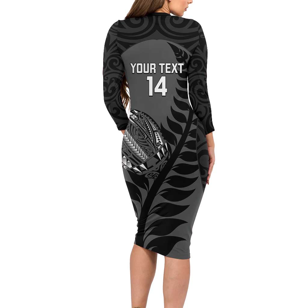 Custom New Zealand Silver Fern Rugby 2025 Family Matching Long Sleeve Bodycon Dress and Hawaiian Shirt Go Champions Aotearoa Maori Black LT14 - Polynesian Pride
