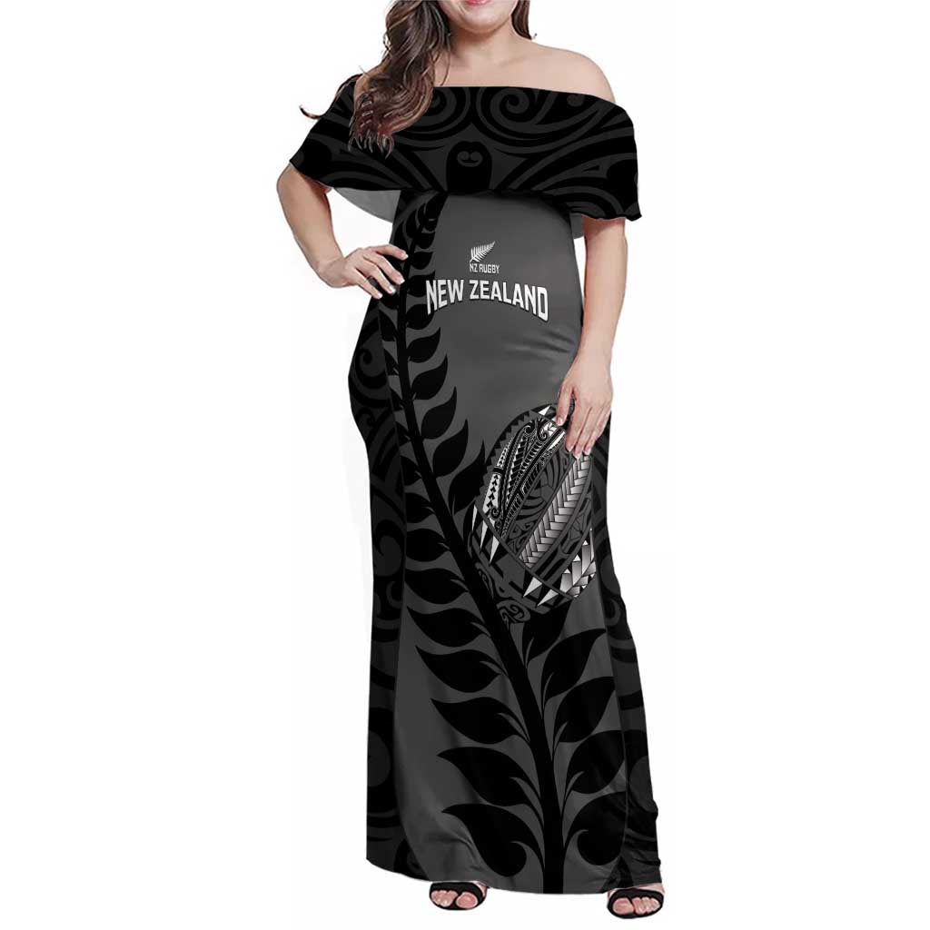 Custom New Zealand Silver Fern Rugby 2025 Family Matching Off Shoulder Maxi Dress and Hawaiian Shirt Go Champions Aotearoa Maori Black LT14 Mom's Dress Black - Polynesian Pride