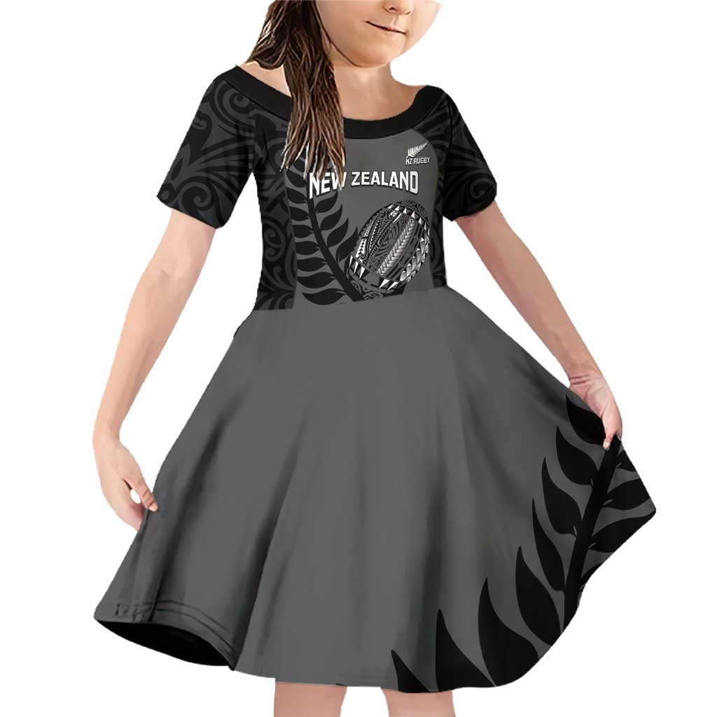 Custom New Zealand Silver Fern Rugby 2025 Family Matching Off Shoulder Short Dress and Hawaiian Shirt Go Champions Aotearoa Maori Black LT14 Daughter's Dress Black - Polynesian Pride