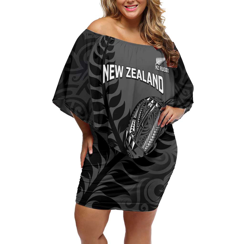 Custom New Zealand Silver Fern Rugby 2025 Family Matching Off Shoulder Short Dress and Hawaiian Shirt Go Champions Aotearoa Maori Black LT14 Mom's Dress Black - Polynesian Pride