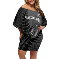 Custom New Zealand Silver Fern Rugby 2025 Family Matching Off Shoulder Short Dress and Hawaiian Shirt Go Champions Aotearoa Maori Black LT14 Mom's Dress Black - Polynesian Pride
