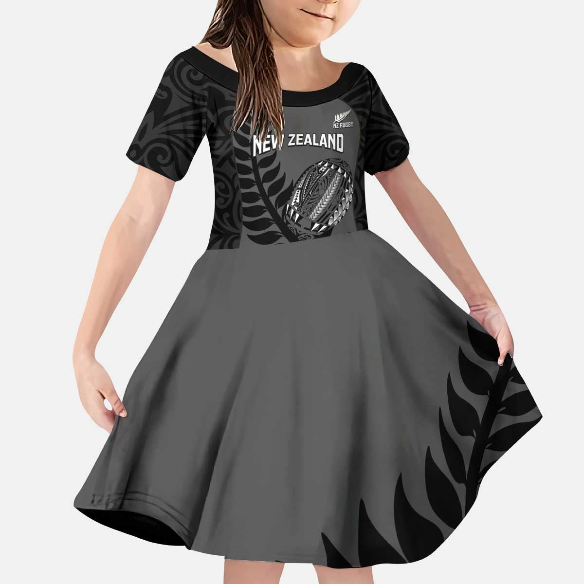 Custom New Zealand Silver Fern Rugby 2025 Kid Short Sleeve Dress Go Champions Aotearoa Maori Black LT14 KID Black - Polynesian Pride