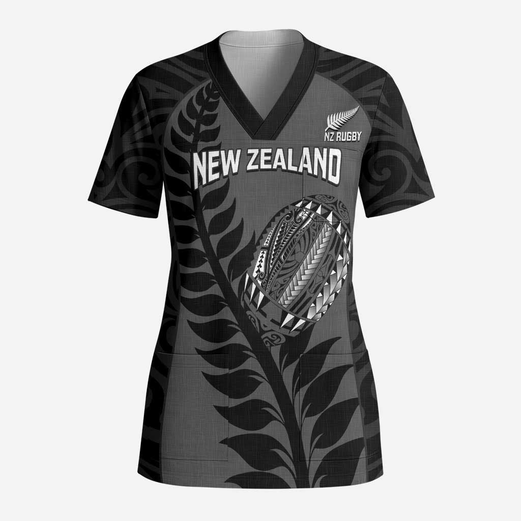 Custom New Zealand Silver Fern Rugby 2025 Scrub Top Go Champions Aotearoa Maori Black LT14 Adult Black - Polynesian Pride