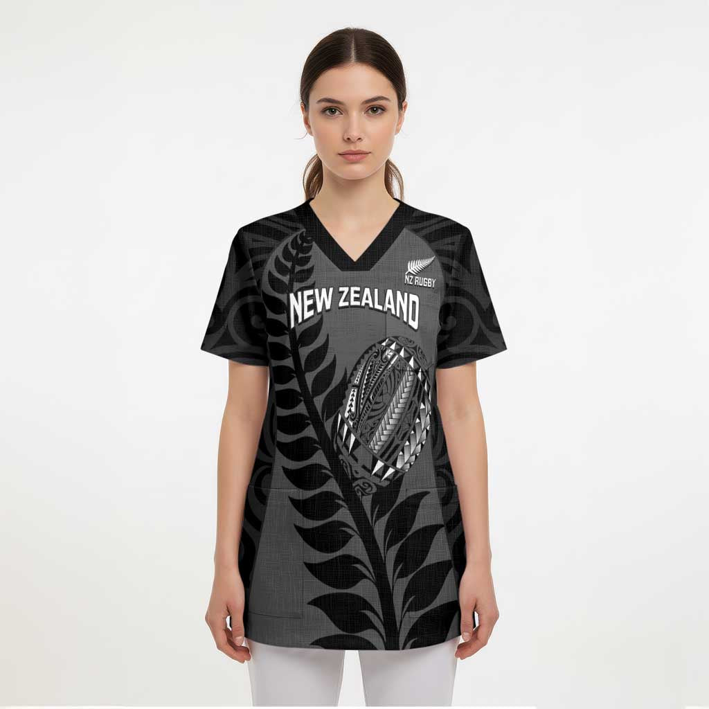Custom New Zealand Silver Fern Rugby 2025 Scrub Top Go Champions Aotearoa Maori Black LT14 - Polynesian Pride