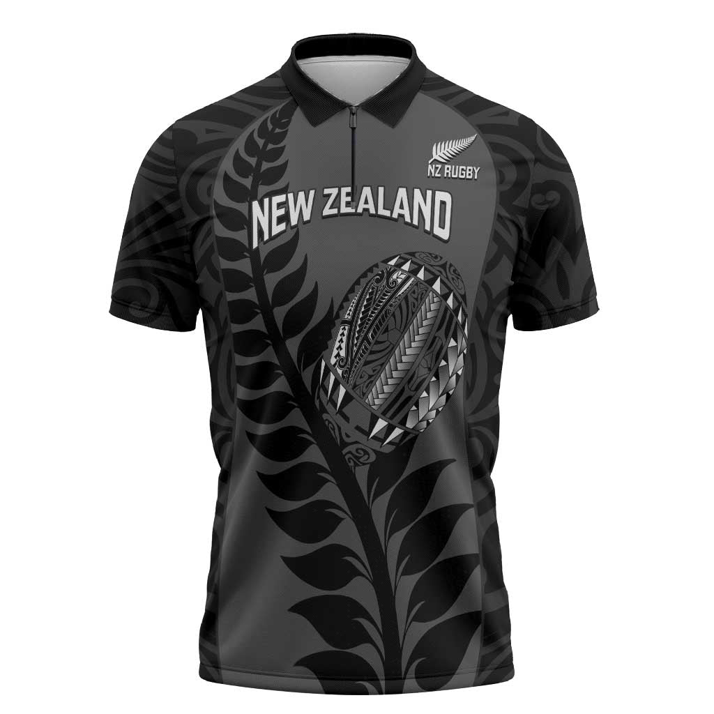 Custom New Zealand Silver Fern Rugby 2025 Zipper Polo Shirt Go Champions Aotearoa Maori Black - Polynesian Pride