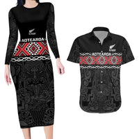 Custom New Zealand Silver Fern Rugby Couples Matching Long Sleeve Bodycon Dress and Hawaiian Shirt All Black Maori Taniko Pattern LT14 Black - Polynesian Pride