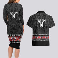 Custom New Zealand Silver Fern Rugby Couples Matching Long Sleeve Bodycon Dress and Hawaiian Shirt All Black Maori Taniko Pattern LT14 - Polynesian Pride