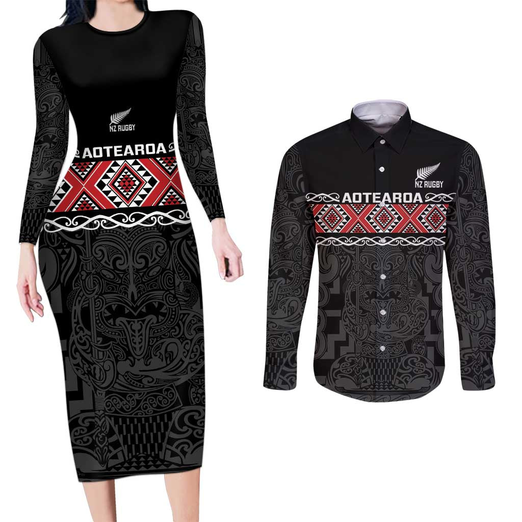 Custom New Zealand Silver Fern Rugby Couples Matching Long Sleeve Bodycon Dress and Long Sleeve Button Shirt All Black Maori Taniko Pattern LT14 Black - Polynesian Pride