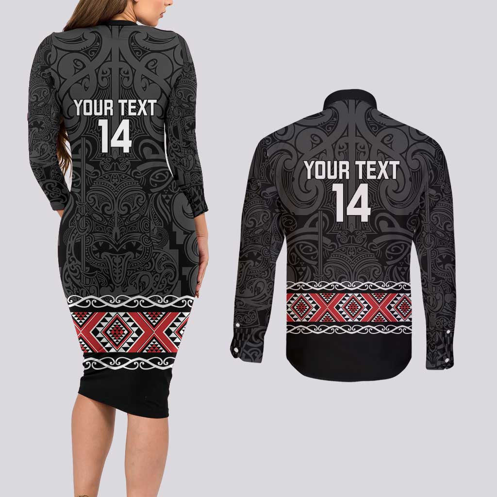 Custom New Zealand Silver Fern Rugby Couples Matching Long Sleeve Bodycon Dress and Long Sleeve Button Shirt All Black Maori Taniko Pattern LT14 - Polynesian Pride