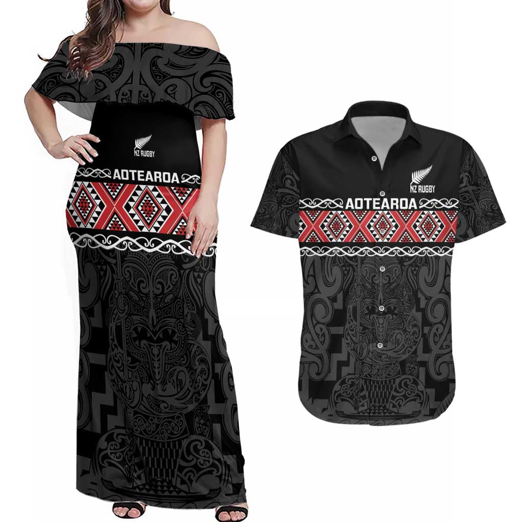 Custom New Zealand Silver Fern Rugby Couples Matching Off Shoulder Maxi Dress and Hawaiian Shirt All Black Maori Taniko Pattern LT14 Black - Polynesian Pride