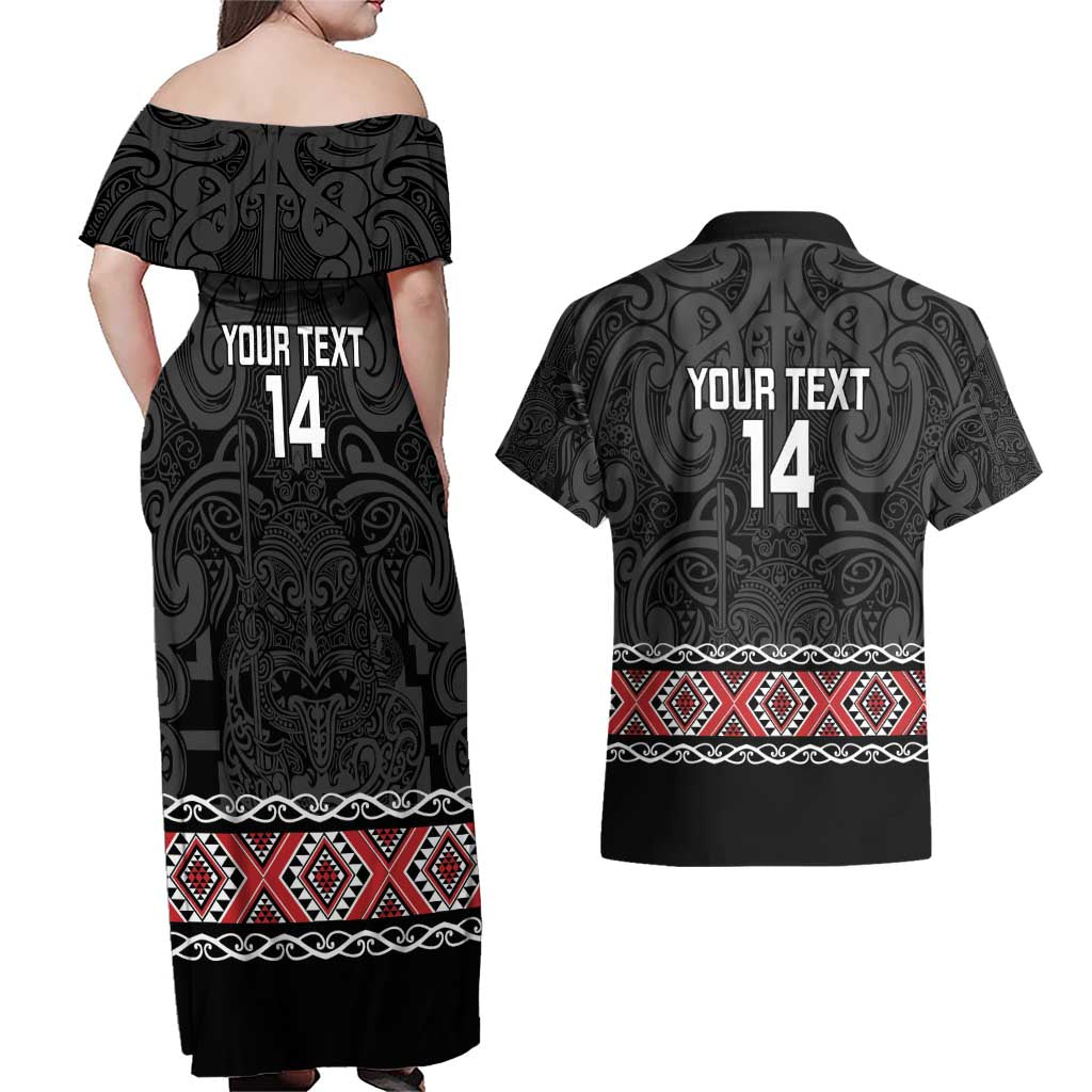 Custom New Zealand Silver Fern Rugby Couples Matching Off Shoulder Maxi Dress and Hawaiian Shirt All Black Maori Taniko Pattern LT14 - Polynesian Pride