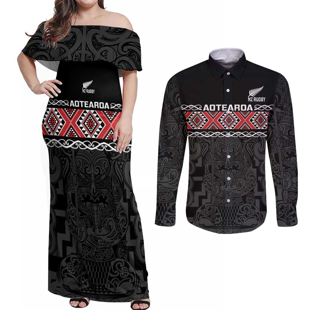 Custom New Zealand Silver Fern Rugby Couples Matching Off Shoulder Maxi Dress and Long Sleeve Button Shirt All Black Maori Taniko Pattern LT14 Black - Polynesian Pride