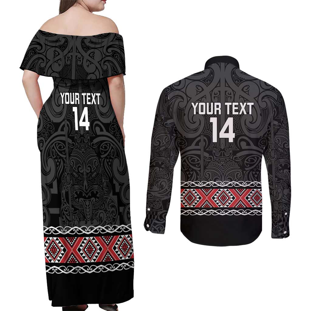 Custom New Zealand Silver Fern Rugby Couples Matching Off Shoulder Maxi Dress and Long Sleeve Button Shirt All Black Maori Taniko Pattern LT14 - Polynesian Pride