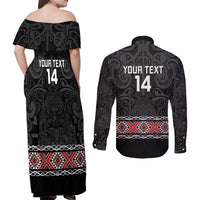 Custom New Zealand Silver Fern Rugby Couples Matching Off Shoulder Maxi Dress and Long Sleeve Button Shirt All Black Maori Taniko Pattern LT14 - Polynesian Pride