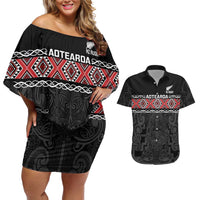Custom New Zealand Silver Fern Rugby Couples Matching Off Shoulder Short Dress and Hawaiian Shirt All Black Maori Taniko Pattern LT14 Black - Polynesian Pride