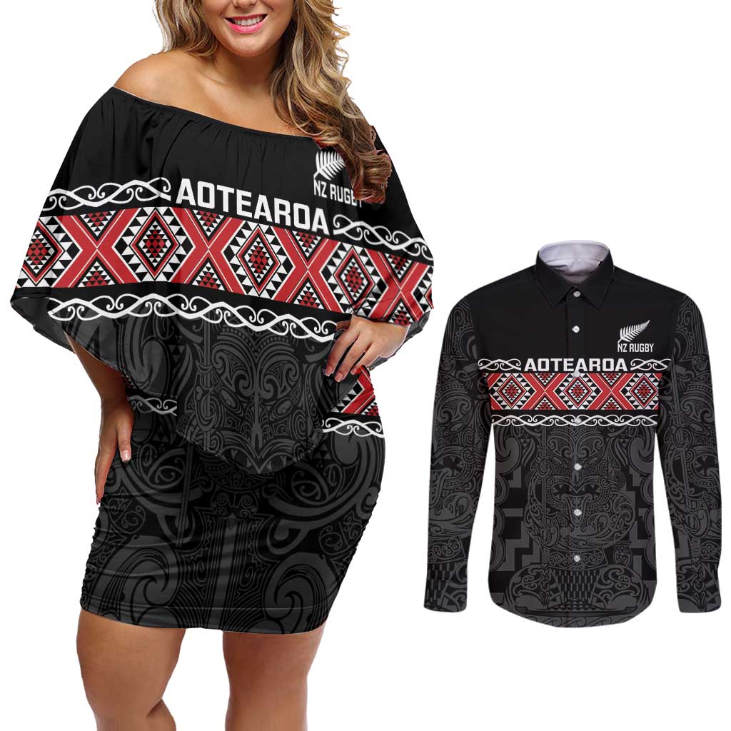 Custom New Zealand Silver Fern Rugby Couples Matching Off Shoulder Short Dress and Long Sleeve Button Shirt All Black Maori Taniko Pattern LT14 Black - Polynesian Pride