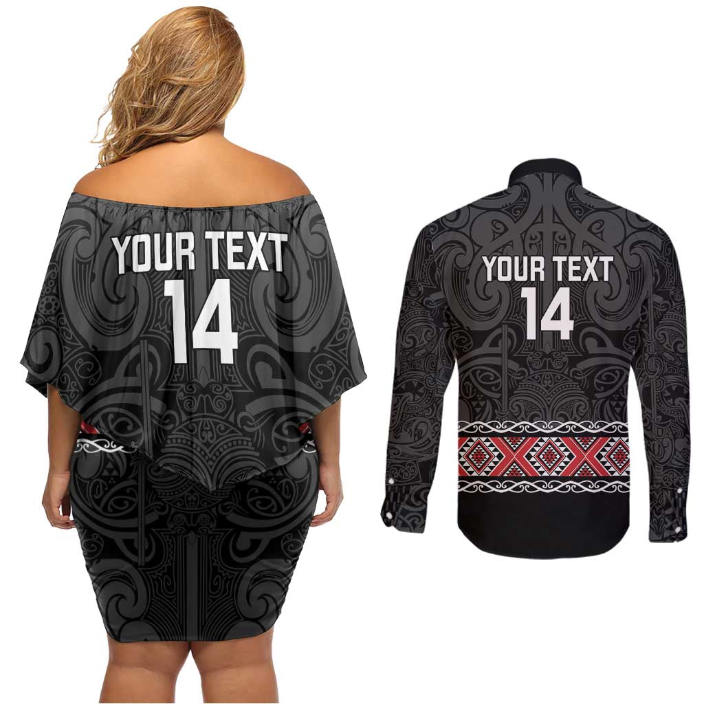 Custom New Zealand Silver Fern Rugby Couples Matching Off Shoulder Short Dress and Long Sleeve Button Shirt All Black Maori Taniko Pattern LT14 - Polynesian Pride