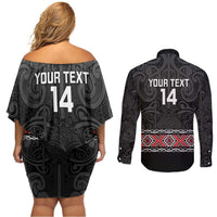 Custom New Zealand Silver Fern Rugby Couples Matching Off Shoulder Short Dress and Long Sleeve Button Shirt All Black Maori Taniko Pattern LT14 - Polynesian Pride