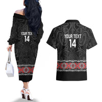 Custom New Zealand Silver Fern Rugby Couples Matching Off The Shoulder Long Sleeve Dress and Hawaiian Shirt All Black Maori Taniko Pattern LT14 - Polynesian Pride