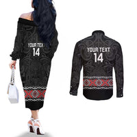 Custom New Zealand Silver Fern Rugby Couples Matching Off The Shoulder Long Sleeve Dress and Long Sleeve Button Shirt All Black Maori Taniko Pattern LT14 - Polynesian Pride