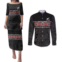 Custom New Zealand Silver Fern Rugby Couples Matching Puletasi and Long Sleeve Button Shirt All Black Maori Taniko Pattern LT14 Black - Polynesian Pride