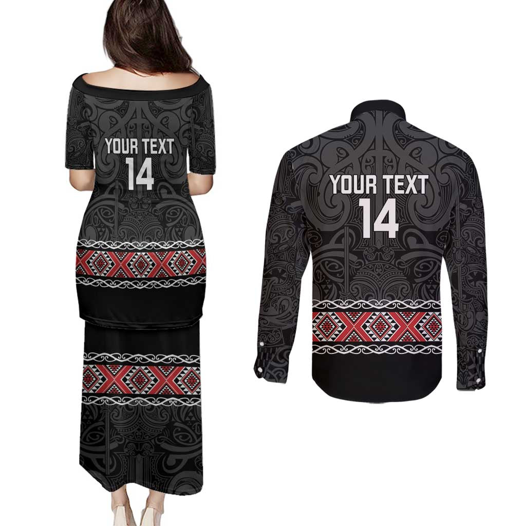 Custom New Zealand Silver Fern Rugby Couples Matching Puletasi and Long Sleeve Button Shirt All Black Maori Taniko Pattern LT14 - Polynesian Pride