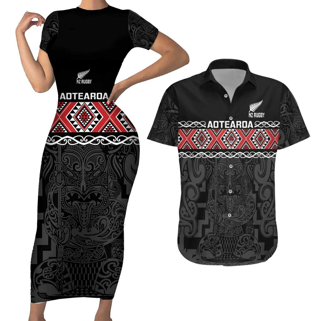 Custom New Zealand Silver Fern Rugby Couples Matching Short Sleeve Bodycon Dress and Hawaiian Shirt All Black Maori Taniko Pattern LT14 Black - Polynesian Pride