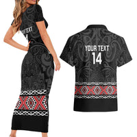 Custom New Zealand Silver Fern Rugby Couples Matching Short Sleeve Bodycon Dress and Hawaiian Shirt All Black Maori Taniko Pattern LT14 - Polynesian Pride
