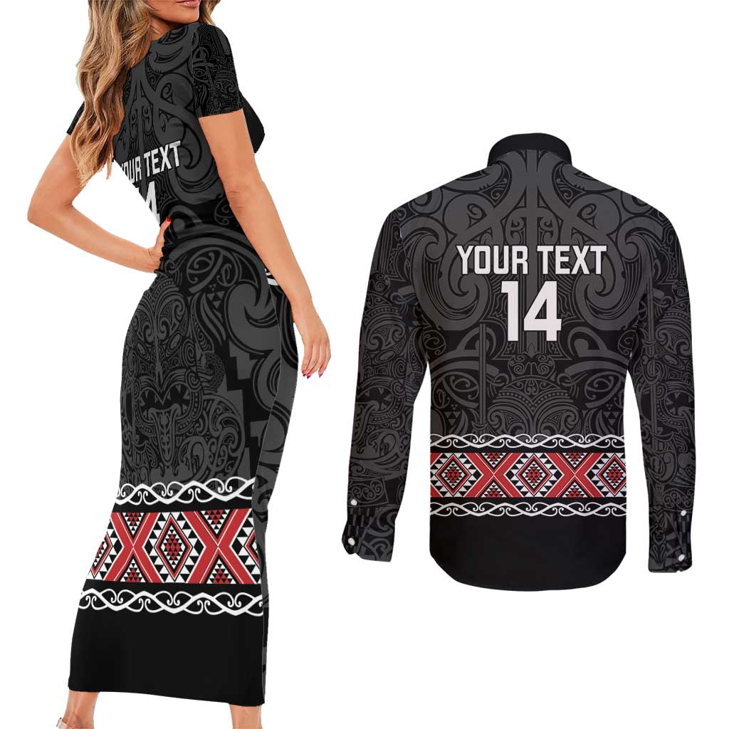 Custom New Zealand Silver Fern Rugby Couples Matching Short Sleeve Bodycon Dress and Long Sleeve Button Shirt All Black Maori Taniko Pattern LT14 - Polynesian Pride