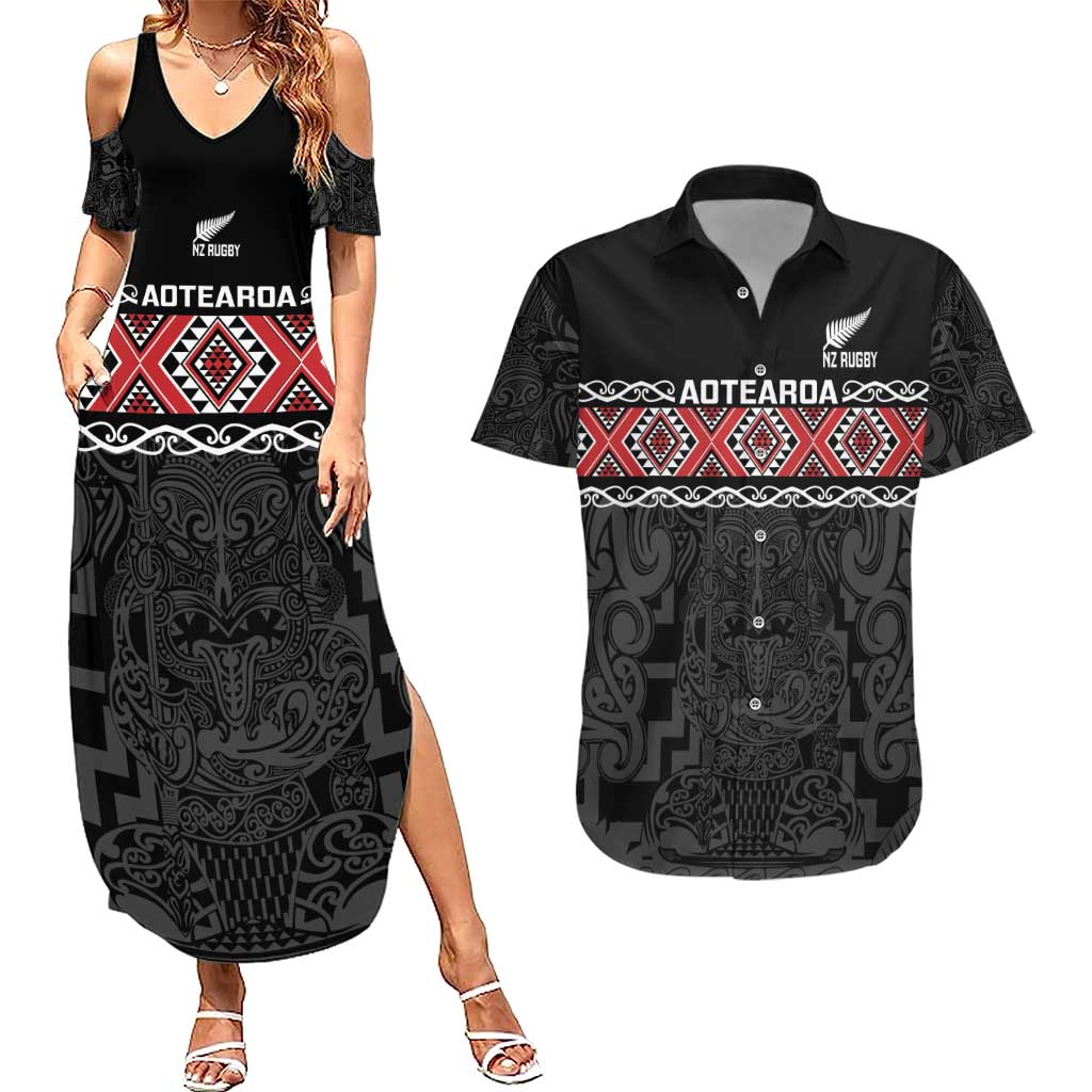 Custom New Zealand Silver Fern Rugby Couples Matching Summer Maxi Dress and Hawaiian Shirt All Black Maori Taniko Pattern LT14 Black - Polynesian Pride