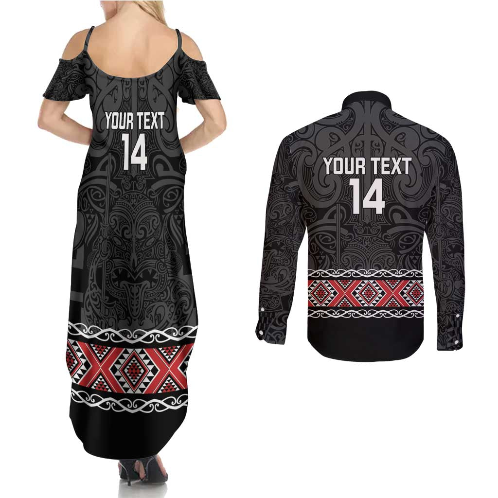 Custom New Zealand Silver Fern Rugby Couples Matching Summer Maxi Dress and Long Sleeve Button Shirt All Black Maori Taniko Pattern LT14 - Polynesian Pride