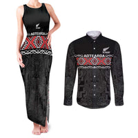 Custom New Zealand Silver Fern Rugby Couples Matching Tank Maxi Dress and Long Sleeve Button Shirt All Black Maori Taniko Pattern LT14 Black - Polynesian Pride
