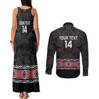 Custom New Zealand Silver Fern Rugby Couples Matching Tank Maxi Dress and Long Sleeve Button Shirt All Black Maori Taniko Pattern LT14 - Polynesian Pride