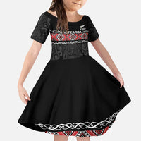 Custom New Zealand Silver Fern Rugby Family Matching Long Sleeve Bodycon Dress and Hawaiian Shirt All Black Maori Taniko Pattern LT14 Daughter's Dress Black - Polynesian Pride