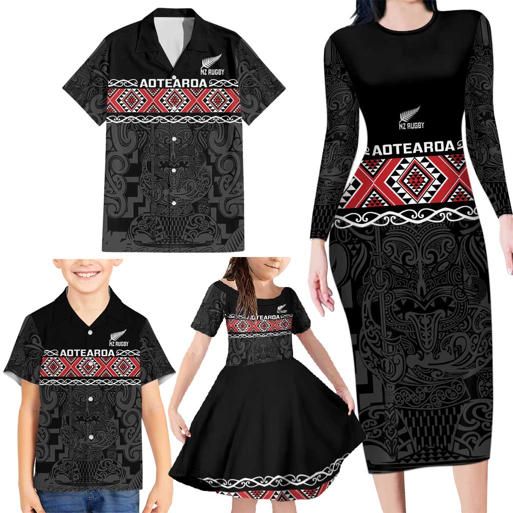 Custom New Zealand Silver Fern Rugby Family Matching Long Sleeve Bodycon Dress and Hawaiian Shirt All Black Maori Taniko Pattern LT14 - Polynesian Pride