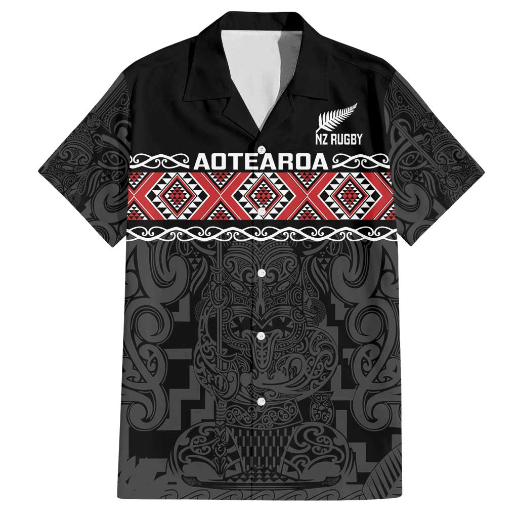 Custom New Zealand Silver Fern Rugby Family Matching Long Sleeve Bodycon Dress and Hawaiian Shirt All Black Maori Taniko Pattern LT14 Dad's Shirt - Short Sleeve Black - Polynesian Pride