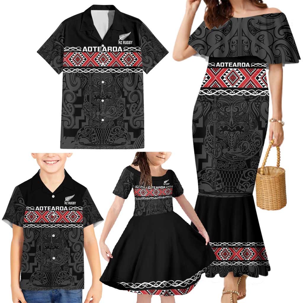Custom New Zealand Silver Fern Rugby Family Matching Mermaid Dress and Hawaiian Shirt All Black Maori Taniko Pattern LT14 - Polynesian Pride